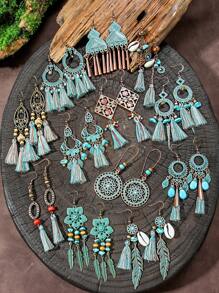 TopHanqi 12 对复古铜波西米亚风格耳环套装，多元素时尚珠宝几何夸张混合蓝色流苏吊坠耳环适合日常、派对、篝火之夜，适合所有季节 - 銅色 - 查看 9