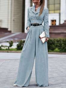 Women's Autumn Fitted Collar Long Sleeve Blazer And Wide-Leg Pants Suit Set