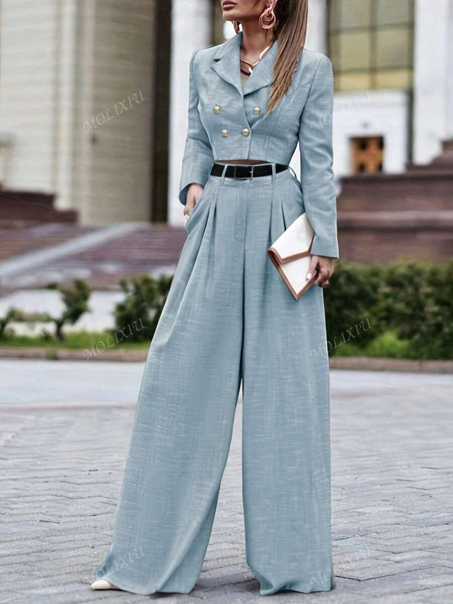 Women's Autumn Fitted Collar Long Sleeve Blazer And Wide-Leg Pants Suit Set