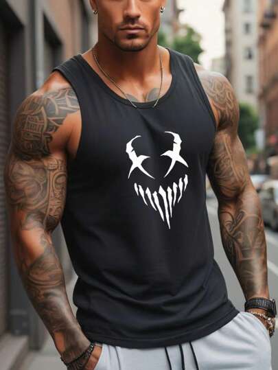 Herr, andningsbart ärmlös linne - Bekvämt med coolt monstertryck, Herr, Ärmlös linne, Snyggt för träning och fritidskläder, Emo