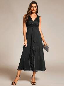 EVERPRETTY Glitter Sleeveless A-Line Ruffled Hem Wedding Guest Dress, Bridesmaid Dress - Black - View 3