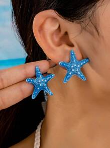 1 par de pendientes con diseño de estrella de mar azul simple, joyería de moda con estilo oceánico para mujeres en vacaciones