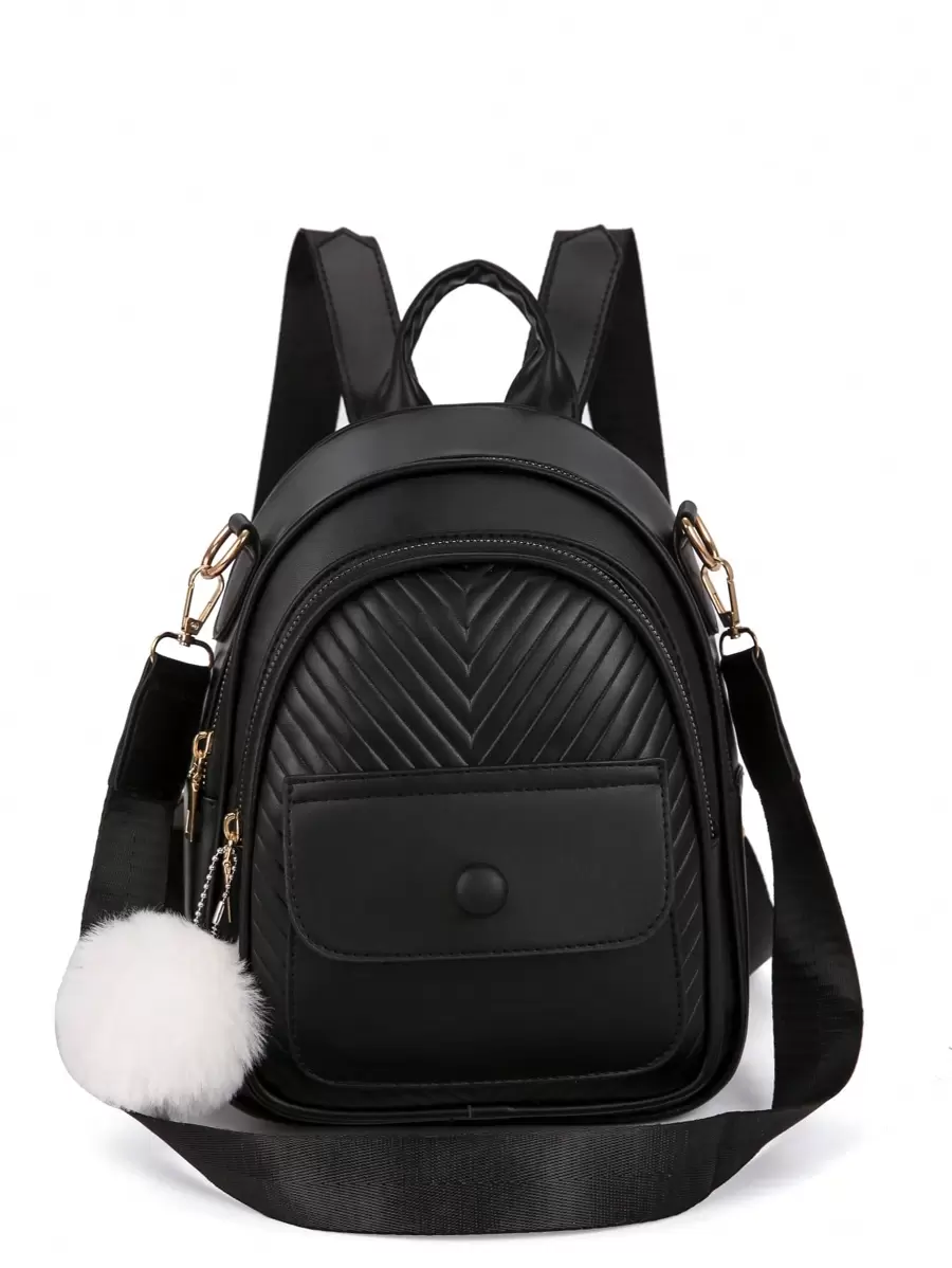 LECEY Women's Multi-Function Backpack With Pom Pom Decoration, Large Capacity, Perfectly Matching With Backpack Accessories, Back To School Essentials, Preppy Backpack For School - Black - View 1