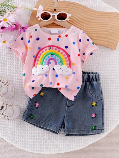 2pcs Baby Girl Cloud Rainbow Polka Dot Print Short Sleeve T-Shirt Top And Floral Embroidered Elastic Waist Denim Shorts Set