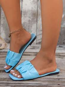 Women's Simple Solid Color Flat Sandals With Pleated Strap, Faux Pearl And Flower Transparent Strap Elements, Versatile For Spring And Summer - Blue 1 - View 4
