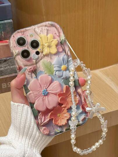 挂绳花朵手机壳，花朵图案，彩色奶油色波浪边印花保护壳，带链条配件，兼容 15、 14、 13、 14、 11，软TPU防摔手机壳，适用于A13 4G、A22、A21S、A51 4G、A52、S22 Ultra、A33 5G，兼容Redmi 10、Redmi Note 11 4G、Redmi 11 Lite、A53 5G、A14、A23、S23 Ultra、S24、A15、S23、A73、A16、S25、A36，国际版，非国内版