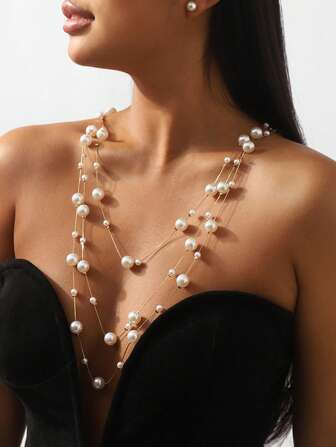 3pcs French Luxurious Sexy Long Pearl Necklace, Multi-Layer V-Neck Clavicle Chain, Earring Jewelry Set