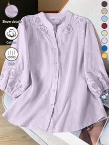 Women's Lightweight Semi-Sheer V-Neck Unstructured Embroidered Blouse, Spring/Summer - Mauve Purple - View 4