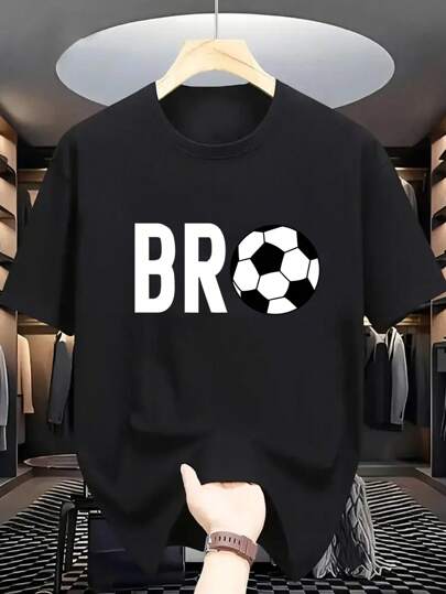 Tween Boy "BRO" Football Graphic Black Round Neck Short Sleeve T-Shirt, Summer Sports Tee Suitable For Athletic Boys