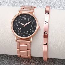 2pcs/Set Women's Watch Rose Gold Stainless Steel Round Shaped Dial Quartz Watch And Alloy Bracelet,Suitable For Daily Wear Holiday For Women Party,Holiday,Birthday Wear Or As Sisters,The Best Gift For A Lady
