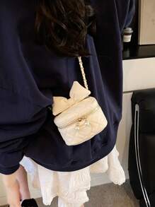 1 件白色 PU 可爱蝴蝶结迷你水桶包、时尚链条斜挎包、单肩包 - 白色 - 查看 5