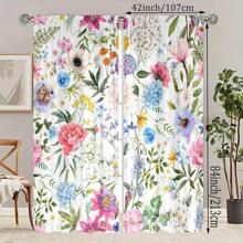 2 pièces Ensemble de rideaux à imprimé floral numérique romantique, conception pratique à passant pour la décoration de la pièce/chambre à coucher, résistant à la décoloration, usage universel