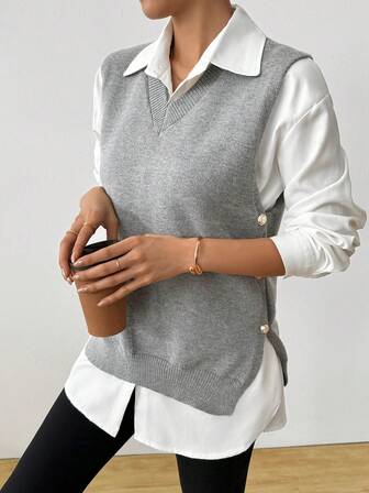 Women's V-Neck Solid Color Pullover Casual Knit Sweater Vest, Spring/Autumn/Winter