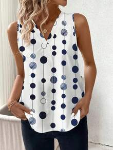 Damski bezrękawnik z dekoltem w serek i nadrukiem w kropki, swobodny top