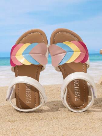 Girls Rainbow Heart Decor Cute Open Toe Beach Sandals, Suitable For Beach, Travel, Photography, School, Indoor