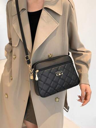 Diamond Plaid Pu Leather Women's Tote Shoulder Crossbody Bag Large Square Handbag