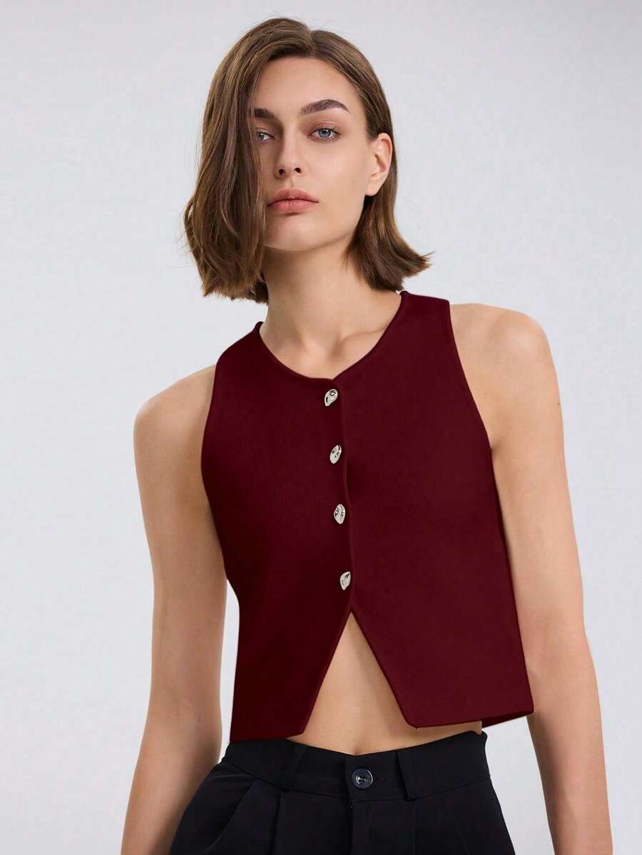 Women's Solid Color Sleeveless Front Button Casual Blouse - Red - View 1