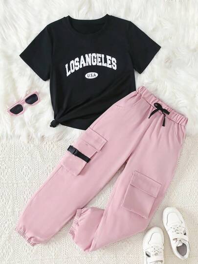 2pcs Set: Fashion Cargo Pants + Los Angeles Letter Print T-Shirt, Summer Outfit For Teen Girls