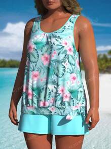 Ensemble tankini grande taille femme, débardeur et short, imprimé floral bleu ciel