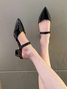 Sandalias de tacón bloque brillante con punta afilada para mujeres, estilo francés versátil sandalias de tacón medio con punta abierta, sandalias brillante negro con punta abierta y correa, diseño nuevo verano 2025, tacones altos para mujeres