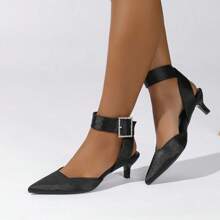Große Größen Damen Lässige Spitze Zeh Schnallen Dekor Stilettos Schwarz Hohe Absatz Sandalen, vielseitig für EU & US Markt