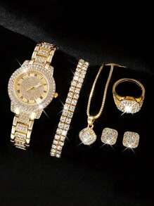 kuuioe 6pcs/Set Elegant Women Watch And Jewelry Suit, Zinc Alloy Round Case With Crystal Decor Including Necklace, Bracelet, Earrings And Ring. Perfect Gift For Valentine's Day, Easter, Ramadan, Birthday, Christmas,Mom,Mother,Mother's Day,Gift