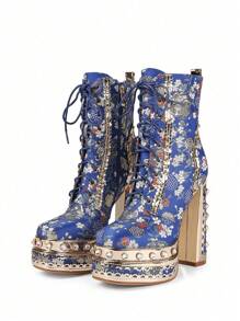 Waterproof Platform Thick Heel Elegant Faux Pearl & Rhinestone Decor Fashion Ankle Boots