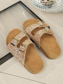 1 Pair Fashionable Sparkling Rhinestones Soft Cork Thick Sole Girls Slippers, Soft Comfortable Soles, Suitable For Kids Aged 3-15 Years Old
