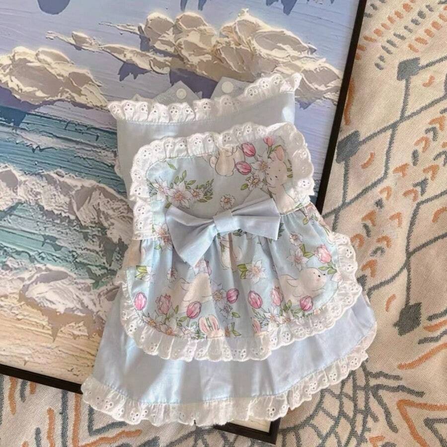 Lace Trim Ditsy Floral Pink Maid Dress Pet Apparel For Cats & Small Dogs, Maltese & Pomeranian - Baby Blue - View 1