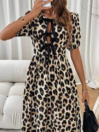 Women's Leopard Print Short Sleeve Hollow Bowknot Waist A-Line Dress, Slimming Round Neck