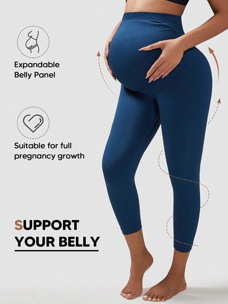 Maternity Abdominal Support 3/4 High Waist Full Length Leggings With Expandable Abdominal Support Panel - Blue - View 1