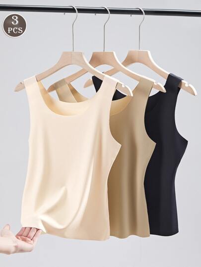 3PCS Women Cool Striped Solid Camisoles, Sleeveless Round Neck, Wide Straps, Unlined, Stylish Outerwear Comfy Casual Backless Base Underwear