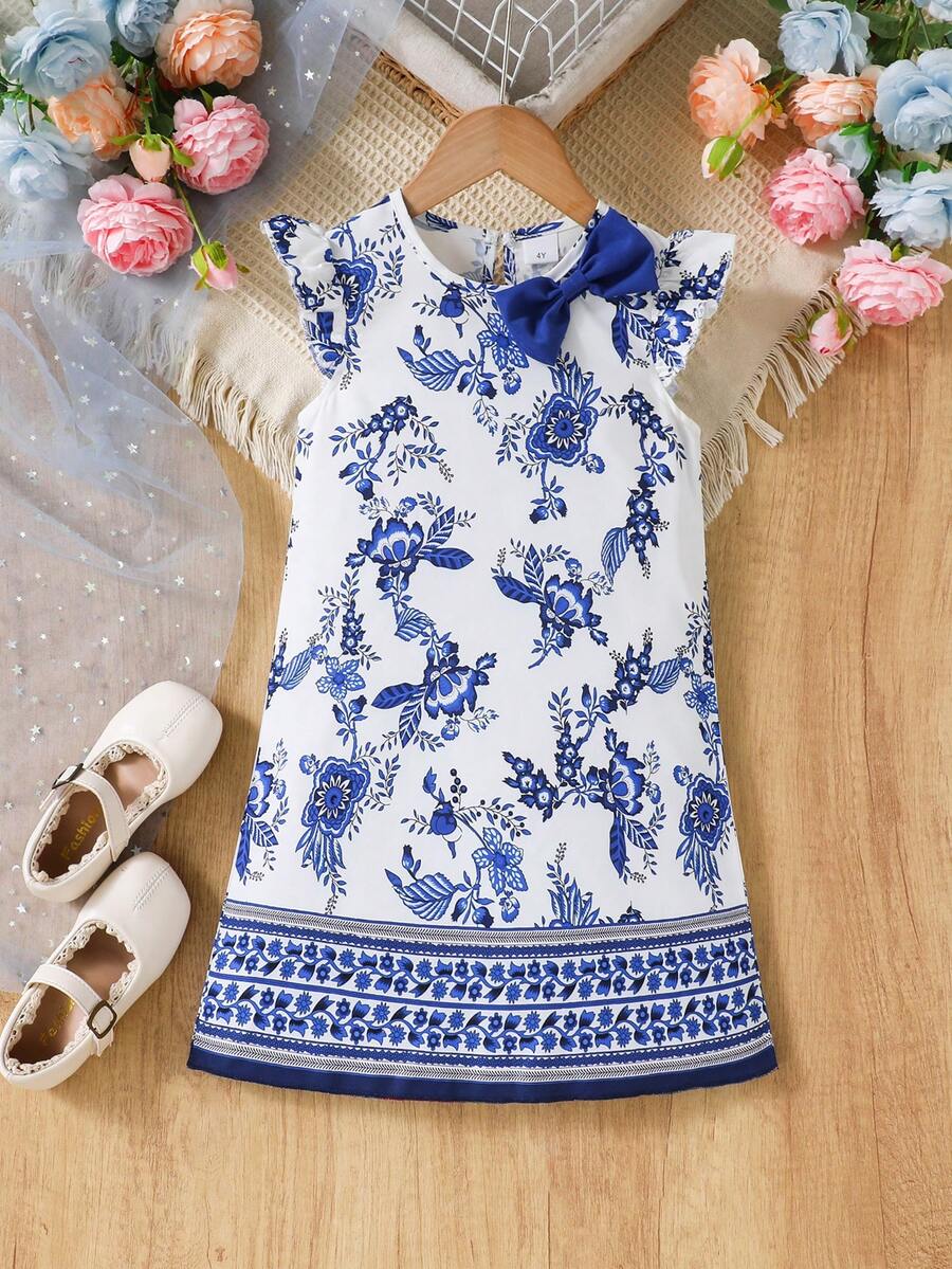Young Girl' Middle Eastern Style Retro Print Bow Front Dress - White - View 1
