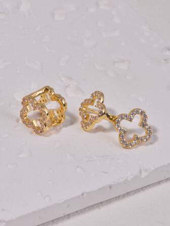 1 Pair Simple Hollow Four-Leaf Clover Micro-Inlay Zirconia Earrings, Versatile Work Wear Earrings For Women