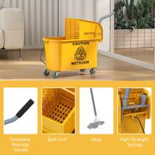 HOMCOM Mop Bucket With Wringer Set On Wheels For Floor Cleaning, 20 Litre Side Press Wringer With Handle And Mop, Yellow - Yellow - View 8