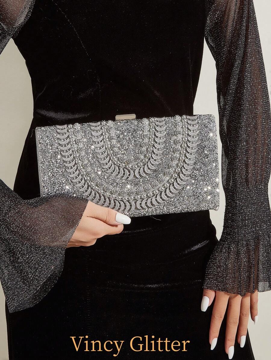 Handcrafted Glitter Rhinestone Embedded Evening Clutch Bag, Party Bag, Cosmetic Bag, Shoulder Strap Crossbody Chain Bag, Fashion Handbag, Prom Bag For Party - Silver - View 1