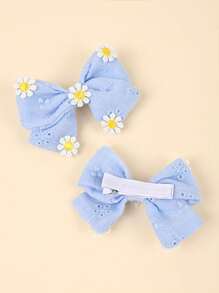 2pcs Cute Daisy Hair Clips, Girls Floral Embroidery Bow Alligator Clips, Adorable Spring Hair Clips, Vacation Girl Double Ponytail Bow Hair Clips, Teenage Hair Accessories - Blue - View 3