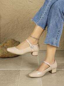 Women Square Toe Slip-On Casual Comfortable Rhinestone Buckle Chunky Heel Soft Bottom Work Shoes