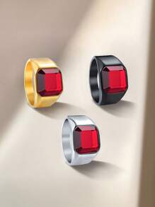 1pc Titanium Steel Chinese Red Stone Inlaid Fashion Ring For Men - 1355 Gold-plated + Chinese Red - View 3
