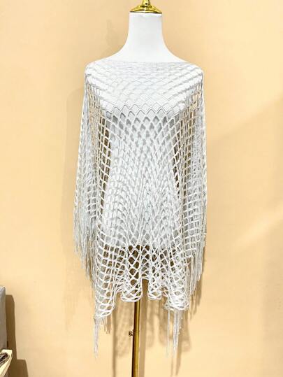 1pc Fashionable & Versatile Women's Knitted Hollow Out Shawl, Suitable For Spring/Summer, Beach Cover Up