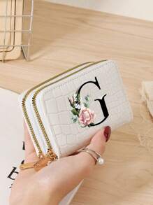 Portacarteras de mujer con textura de cocodrilo y piedra, con múltiples ranuras para tarjetas, bolsillo con cierre de doble cremallera para monedas y ventana para identificación - Impresión personalizada con letra del alfabeto A-Z, diseño de hojas verdes y flores rosas, organizador de tarjetas portátil y funcional para tarjetas de crédito