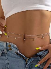 2 piezas Cadena doble de perlas para la cintura de bikini para fiesta nocturna sexy - Cadena de bikini sencilla para el vientre - Accesorios de joyas de cadena para el Body de verano para mujeres y niñas