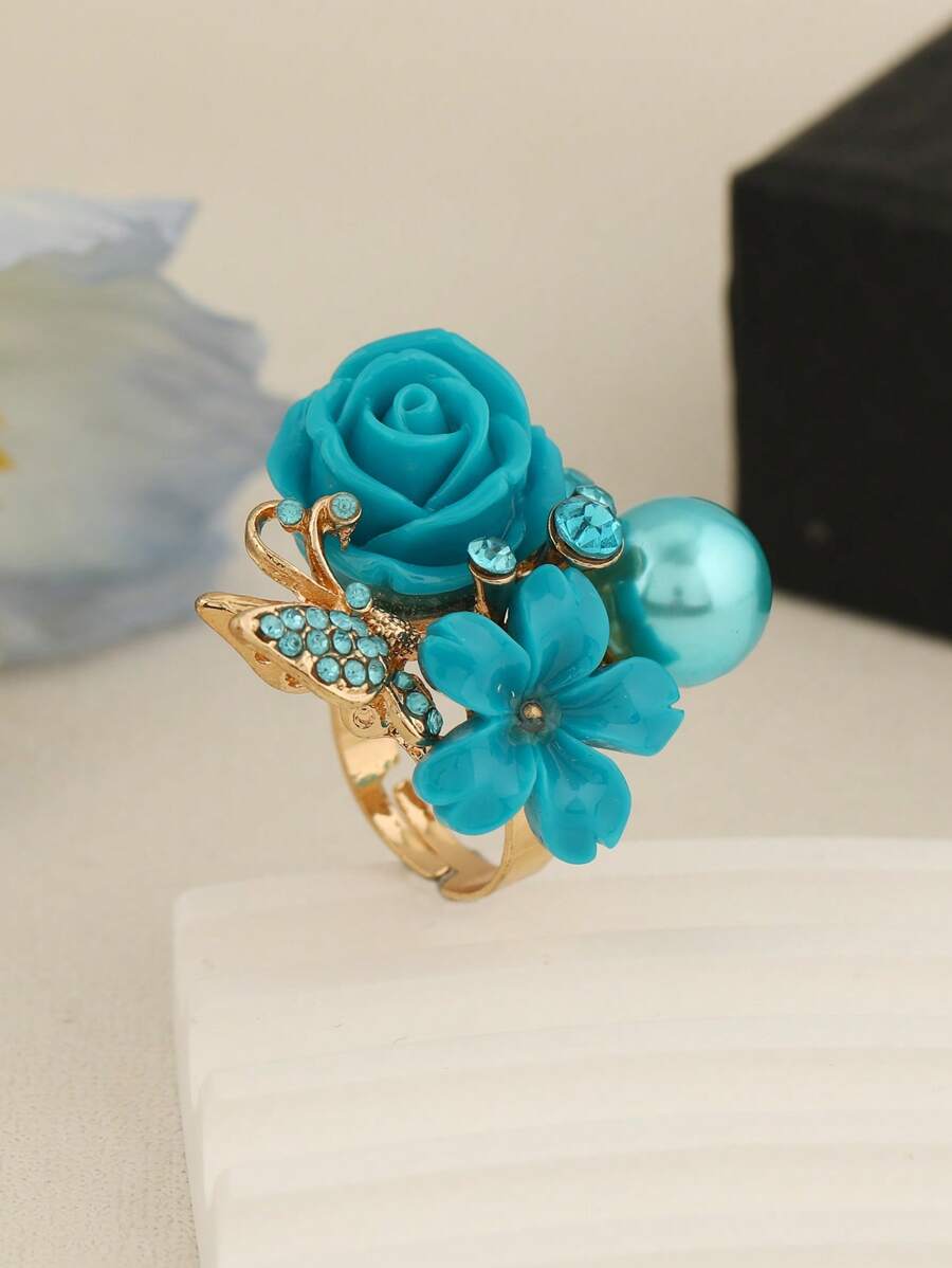 1pc Fashion Floral Butterfly Pearl Adjustable Ring