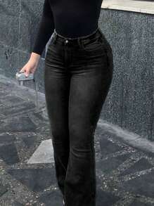 Women's Distressed Stretchy Skinny Flare Jeans - Black - View 2