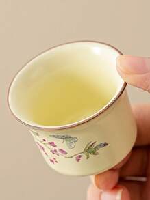 1/2 件陶瓷紫藤花卉图案茶杯，中式复古广口下午茶杯，优雅高脚米色茶碗，适合客人、主人、品茶、日常家居、办公室、茶馆、纪念品、商务礼品、年会礼物返校 - 彩色 - 查看 8