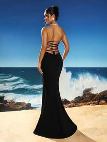 Elegant Strapless Chain-Trimmed High Waist Fishtail Formal Evening Gown, Party Dress, Wedding Guest Dress, Evening Dress - Black - View 2