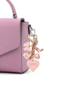 1pc Pink Mini Bag Charm Keychain - Cute Round Metal Heart Theme Keyring, Decorated With Delicate Flower And Heart Patterns, Sold Individually - Pink - View 7