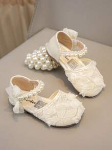 1 Pair Girls Fashion Elegant Minimalist Pearl Embroidery Breathable Mesh Bowknot Decor PU Princess Flats, Soft Non-Slip Easy To Wear, Suitable For Dresses And Piano Performance, All Season