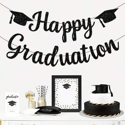 2pcs Glitter Black Graduation Cap And Happy Graduation Hanging Backdrop Banner, Used For Graduation Season Celebration Party Decoration