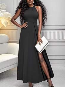 Women's Elegant Solid Color Slit Halter Formal Cocktail Dress, Party Dress, Wedding Guest Dress